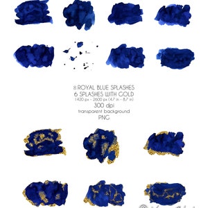 May include: Eight royal blue watercolor splashes, six of which have gold accents. The splashes are isolated on a white background. The text "8 ROYAL BLUE SPLASHES 6 SPLASHES WITH GOLD 1420 px - 2600 px (4.7 in - 8.7 in) 300 dpi transparent background PNG" is below the splashes.