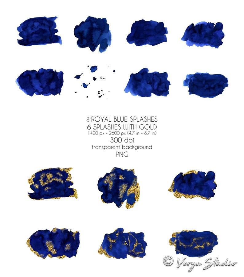 May include: Eight royal blue watercolor splashes, six of which have gold accents. The splashes are isolated on a white background. The text "8 ROYAL BLUE SPLASHES 6 SPLASHES WITH GOLD 1420 px - 2600 px (4.7 in - 8.7 in) 300 dpi transparent background PNG" is below the splashes.
