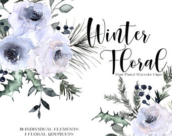 May include: Watercolor clipart featuring 30 individual elements and 3 floral bouquets. The bouquets are made up of blue and white flowers with green leaves and berries. The text "Winter Floral" is written in black cursive script.