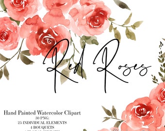 Könnte beinhalten: Aquarell-Clipart mit 30 roten Rosen in verschiedenen Arrangements. Die Rosen sind in einem weichen, romantischen Stil mit zarten Details gemalt. Das Clipart enthält 25 einzelne Elemente, 4 Sträuße und 1 Blumenkranz. Der Text "Red Roses" ist in kursiver Schrift geschrieben.