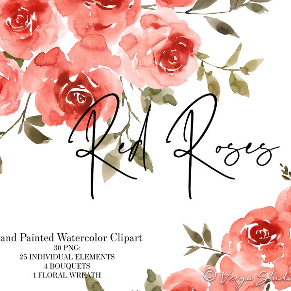 Watercolor Flowers Clipart Red Floral Clip Art Red Roses Red Flowers Diy Wedding Invitations Floral Wreath Bouquets Commercial Use PNG