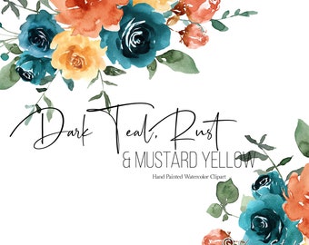Teal Rust Mustard Yellow Watercolor Floral Clipart Flowers Clip Art Spring Summer Fall Wedding Graphics Bouquets Orange Green PNG