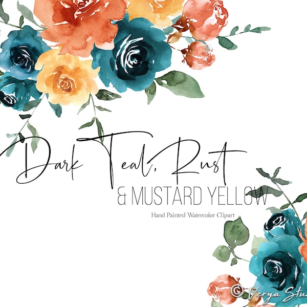 Teal Rust Mustard Yellow Watercolor Floral Clipart Flowers Clip Art Spring Summer Fall Wedding Graphics Bouquets Orange Green PNG