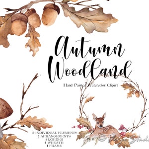 Watercolor Fall Clipart Woodland Clipart Baby Deer Fawn Oak Fall Leaves Acorn Wreath Frame Bouquets Sublimation Transfer Rustic Farmhouse