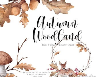 Aquarelle automne Clipart Woodland Clipart bébé cerf chêne faon feuilles d'automne couronne de gland cadre bouquets Sublimation transfert ferme rustique
