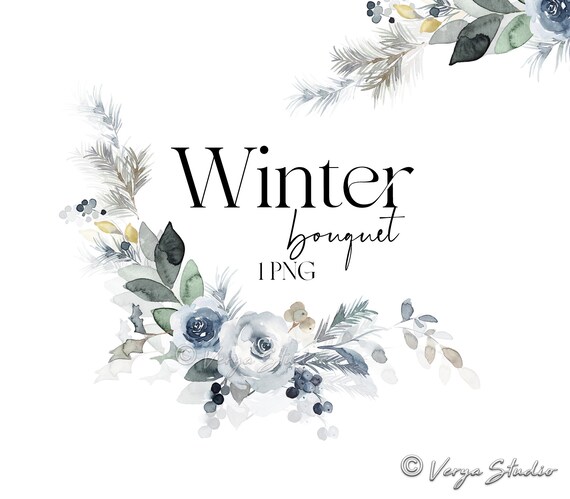 Winter floral clipart, Watercolor winter greenery