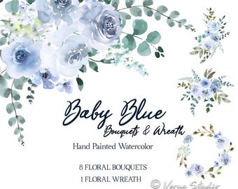 Baby Blue Watercolor Flowers Bouquets Clipart Soft Pastel Wreath Wedding Floral Clip Art Eucalyptus Leaves Hydrangea Aquarelle Arrangements