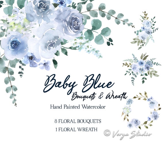 Baby Blue Watercolor Flowers Bouquets Clipart Soft Pastel Etsy