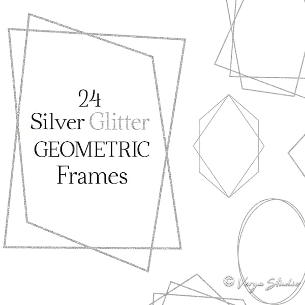 Silver Frame Clipart PNG Minimalist Golden Frames Geometric Wedding Invitation Clip Art Bridal DIY Border Metallic Polygon Design Glitter