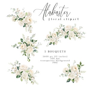 Alabaster Floral Clipart, White Flowers Clip Art, Cream Watercolor Flower PNG, Ivory Bouquets, Wedding Flowers, Spring Summer Fall Graphics image 2