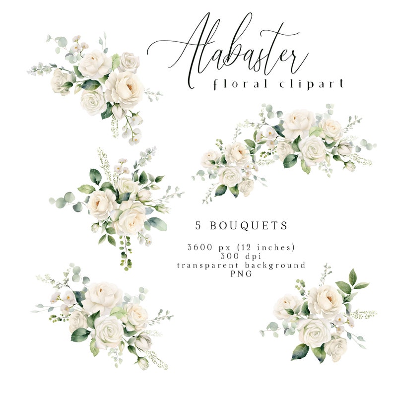 Alabaster Floral Clipart, White Flowers Clip Art, Cream Watercolor Flower PNG, Ivory Bouquets, Wedding Flowers, Spring Summer Fall Graphics image 2