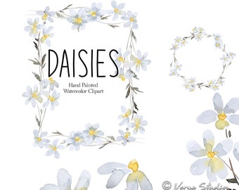 Watercolor Daisies Clipart Floral Clip Art White Flowers Wreath Frame Border Spring Summer Wildflower PNG