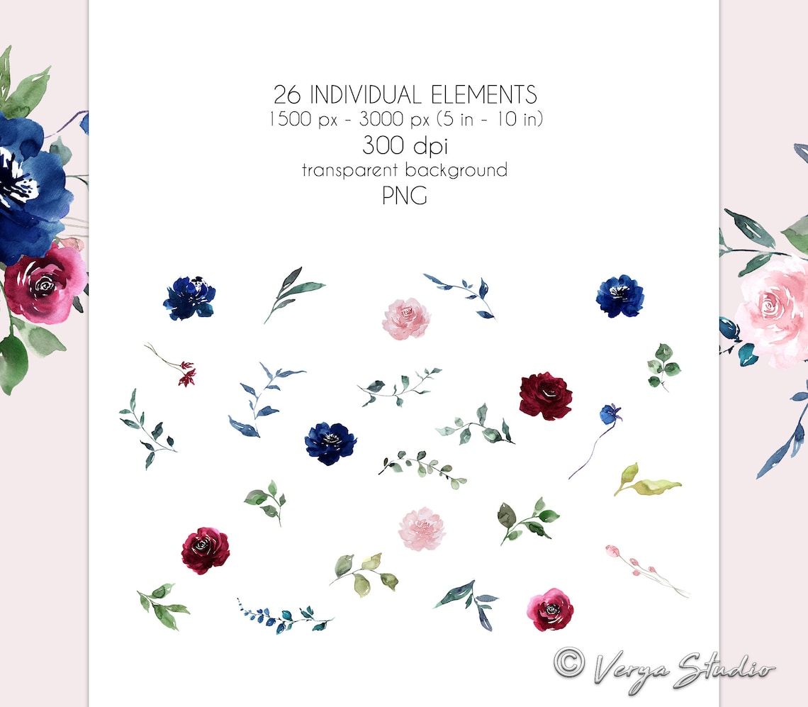 Burgundy Navy Blush Watercolor Floral Clipart Flowers Clip Art Dusty ...