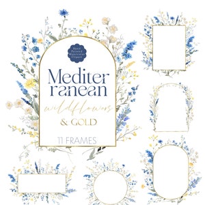 Clipart floral sauvage aquarelle fleurs sauvages cadres méditerranéen vieux bleu jaune fleurs délicates cadre or arch frontières mariage 11 PNG