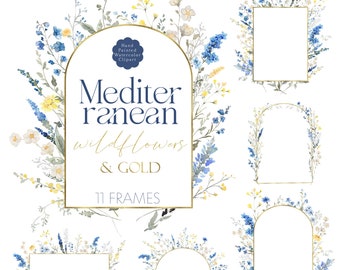 Clipart de flores silvestres, acuarela, marcos de flores silvestres, mediterráneos, azul polvoriento, amarillo, flores delicadas, marco dorado, bordes de arco, boda, 11 PNG