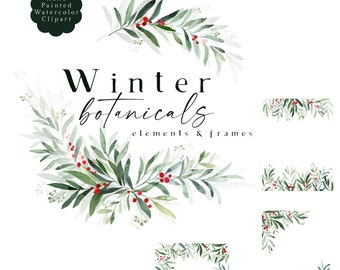 May include: Watercolor illustrations of winter botanicals, including sprigs of green leaves with red berries, and frames made of the same elements. The text "Winter botanicals elements & frames" is included in the image.