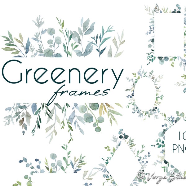 Dusty Blue Frames Clipart Botanical, Watercolor Eucalyptus Borders Clip Art, Pastel Green Slate Blue Leaves Foliage Branches Wreaths Spring