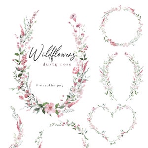 Rose poussiéreuse des cliparts fleurs sauvages, aquarelle florale Clip Art, couronnes de fleurs sauvages, cadres de fleurs de printemps, couronne de prairie rose pâle PNG mariage