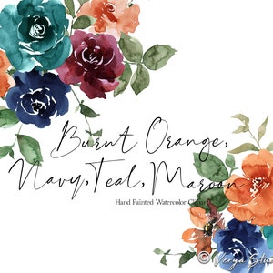 Aquarelle fleurs bleu marine marron orange sarcelle Clipart orange brûlé bordeaux bleu rouge Floral Clip Art bricolage mariage graphique imprimable Bouquet PNG