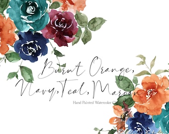 Teal Navy Maroon Orange Watercolor Flowers Clipart Burnt Orange Burgundy Blue Red Floral Clip Art DIY Wedding Graphics Printable Bouquet PNG