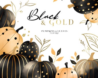 Gold & Black Pumpkins Clipart Elegant Fall Clip Art Halloween Clipart Pumpkin Golden Frames Leaves Arrangements Frame Autumn Graphics PNG