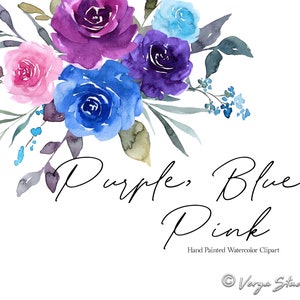 Lila Rosa Blau Aquarell Blumen Clipart Blumen Clip Art Violett Hellblau Rosen Blätter Greenery Blumensträuße Frühling Sommer Hochzeit Grafik