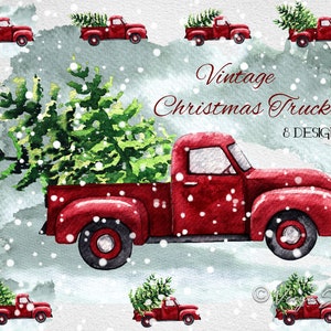 Imágenes prediseñadas de camión navideño, imágenes prediseñadas de camioneta con árbol de Navidad rojo vintage en acuarela, diseño de gráficos de sublimación, plantilla de tarjeta de felicitación