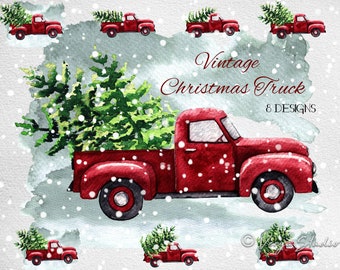 Christmas Truck Clipart , Watercolor Vintage Red Christmas Tree Pickup Truck Clip Art, Sublimation Graphics Design, Greeting Card Template