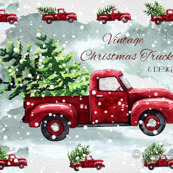 Weihnachten Truck Clipart, Aquarell Vintage rot Weihnachtsbaum Pickup Truck ClipArt, Sublimation Grafik-Design, Grußkarte Vorlage