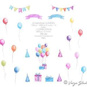 Watercolor Birthday Party Clipart Balloons Party Hats Banner Present ...