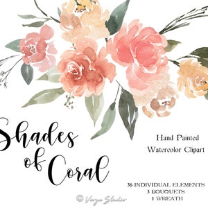 Koraal aquarel bloemen clipart perzik rozen clip art boeketten krans bruiloft clipart bruids douche oranje rood blos roze zacht los zacht