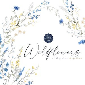 Blau Wildblumen Clipart Aquarell Floral Clip Art Staubblau & Gelb Mittelmeer Wildblumen Blumenstrauß Frühling Hochzeit PNG