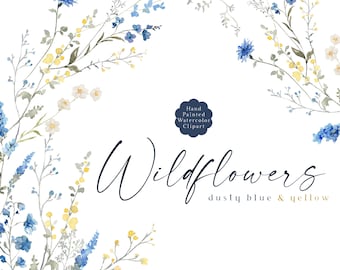 Blue Wild Flowers Clipart Watercolor Floral Clip Art Dusty Blue & Yellow Mediterranean Wildflowers Flower Borders Bouquet Spring Wedding PNG