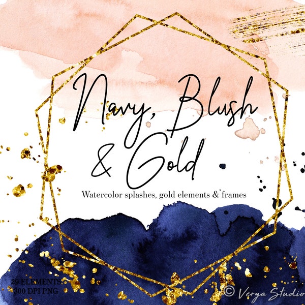 Blush Navy Watercolor Splashes Clipart Pink Blue Watercolor Washes Gold Splatter Gold Geometric Frame Gold Brush Strokes Wedding Clipart PNG