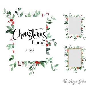 Moldura de Natal Verde Clipart Aquarela Natal Frutas Vermelhas Moldura Borda Clip Art Cartões de Natal Modelo Folhas Verdes Moldura Dourada 3 PNG
