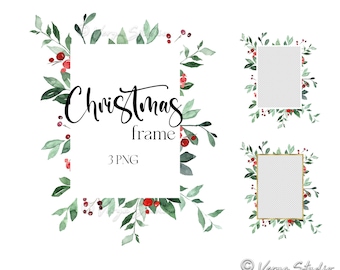 Puede incluir: Tres marcos de Navidad en acuarela con hojas verdes y bayas rojas. Los marcos son cuadrados y tienen un fondo transparente. El texto "Christmas frame 3 PNG" está escrito en el marco de la izquierda.