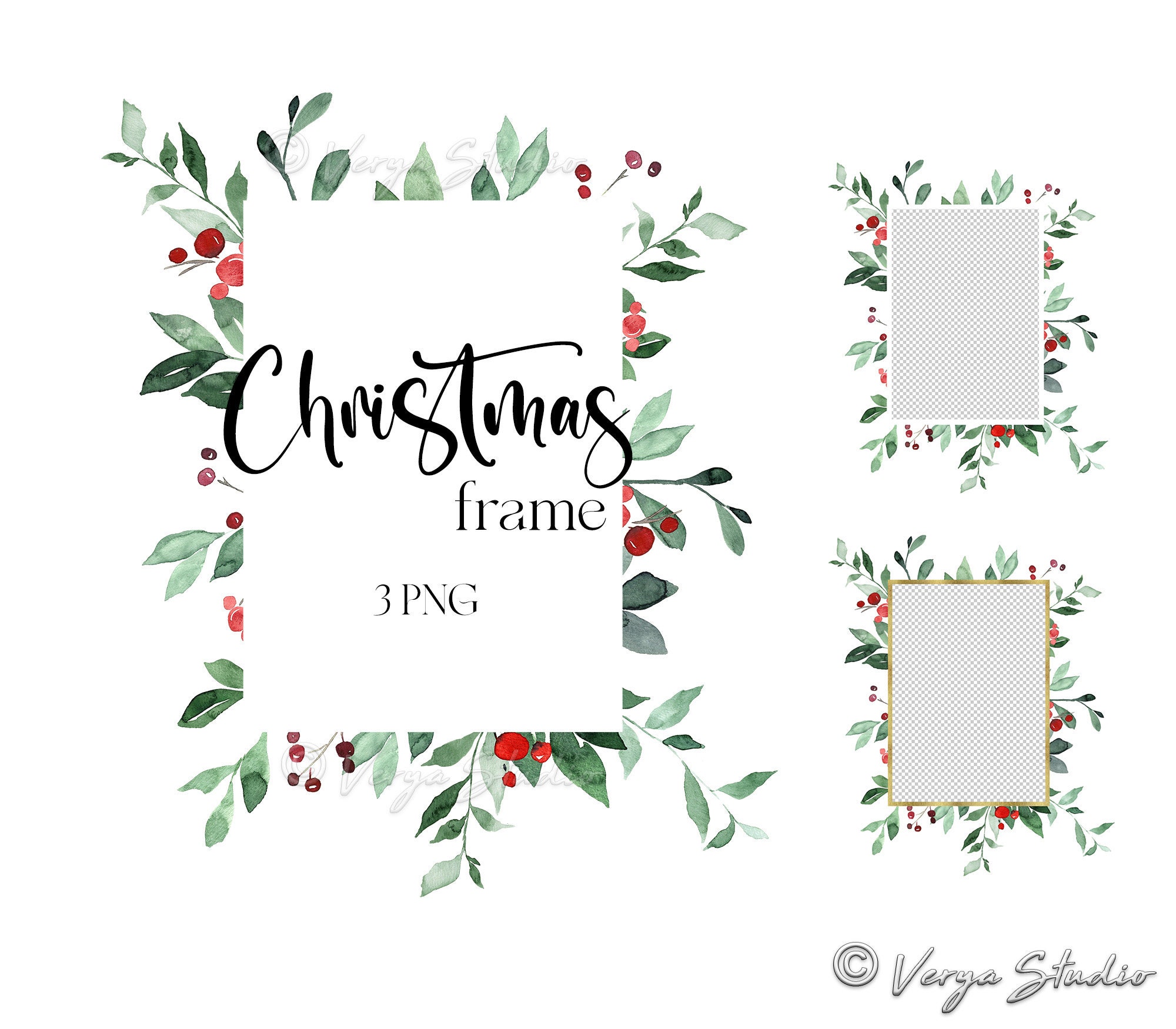 クリスマスの緑のフレーム クリップアート 水彩画 クリスマス 赤い