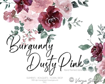 May include: Watercolour clipart featuring burgundy and dusty pink roses with green leaves. The text "Burgundy Dusty Pink" is written in black cursive font. The text "Hand Painted Watercolour Clipart" is written in black font. The text "Verya Studio" is written in black cursive font with a circle around it.