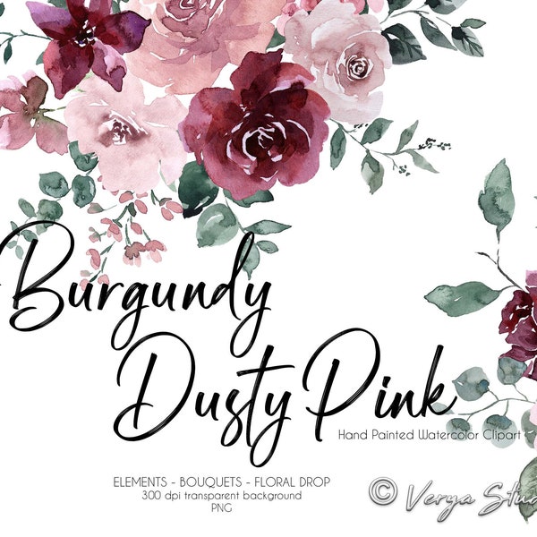 Dusty Pink Burgundy Watercolor Fowers Clipart Floral Clip Art Floral Drop Bouquets Wedding Invitations Graphics DIY Spring Summer Fall PNG