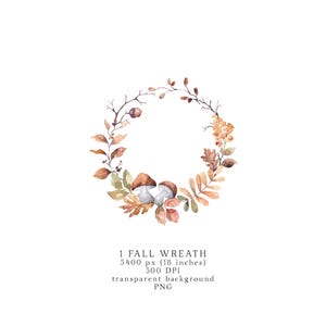 May include: Watercolour painting of an autumn wreath with brown, orange, and green leaves, berries, and mushrooms. The wreath is on a white background.