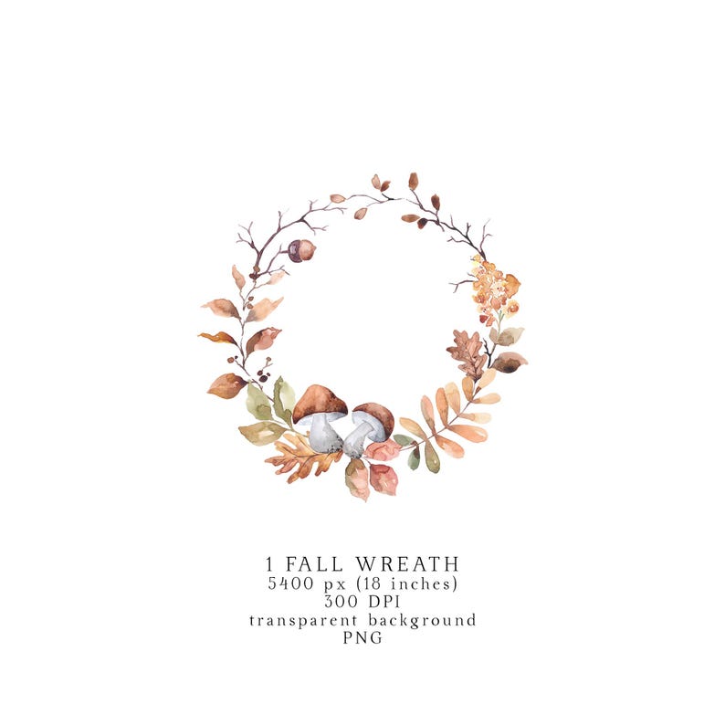 May include: Watercolour painting of an autumn wreath with brown, orange, and green leaves, berries, and mushrooms. The wreath is on a white background.