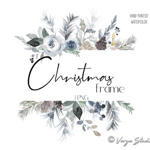 Christmas Frame Clipart Watercolor Winter Floral Border Clip Art Navy Blue White Berries Pine Greenery Holly Holiday Card DIY Wedding PNG image 1