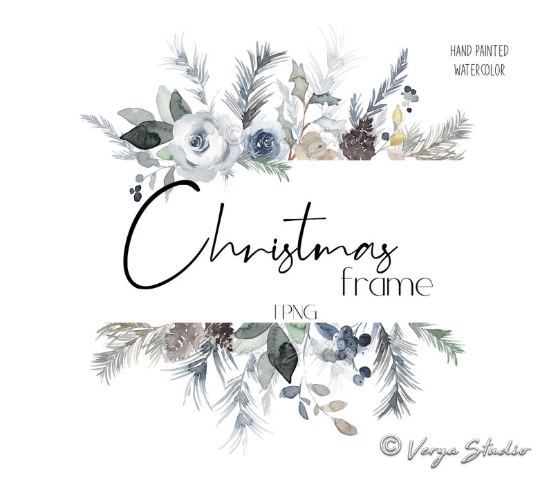 Christmas Frame Clipart Watercolor Winter Floral Border Clip Art Navy Blue White Berries Pine Greenery Holly Holiday Card DIY Wedding PNG image 1