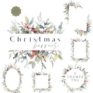 Bessen kerst frames clipart, aquarel kerst illustraties, wintergroen png, kerst randen, gebladerte botanische xmas frame 8 set