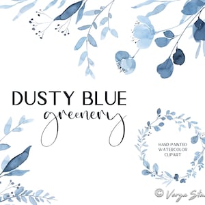 Dusty Blue Greenery Clipart Aquacolor Botanische Clip Art Licht Baby Blauw Pastel Bladeren Bloemen Bloemen Krans Boeket Hoek Bruiloft PNG