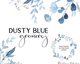 Dusty Blue Greenery Clipart Watercolor Botanical Clip Art Light Baby Blue Pastel Leaves Flowers Floral Wreath Bouquet Corner Wedding PNG