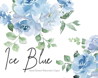 Può includere: Clipart ad acquerello con un bouquet di fiori blu chiaro con foglie verdi. Il testo "Ice Blue" è scritto in corsivo nero sotto i fiori. Il testo "Hand Painted Watercolor Clipart" è scritto in nero sotto il testo in corsivo. Il testo "© Verya Studio" è scritto in nero nell'angolo in basso a destra dell'immagine.