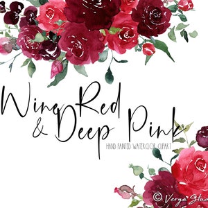 Burgunder Pink Aquarell Blumen Clipart Floral Clip Art Dunkelrosa Hell Weinrot Marsala Pflaume Grün Blätter Blumenstrauß Hochzeit PNG