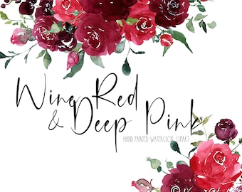 May include: Watercolor clipart featuring a bouquet of burgundy and deep pink roses with green leaves. The text "Wine Red & Deep Pink" is written below the bouquet. The text "Hand Painted Watercolor Clipart" is written below the text.