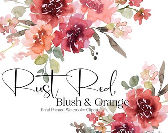 Rust Red Orange Watercolor Floral Clipart Flowers Clip Art Bouquets Arrangements Fall Leaves Autumn Clipart Greenery Wedding Graphics PNG